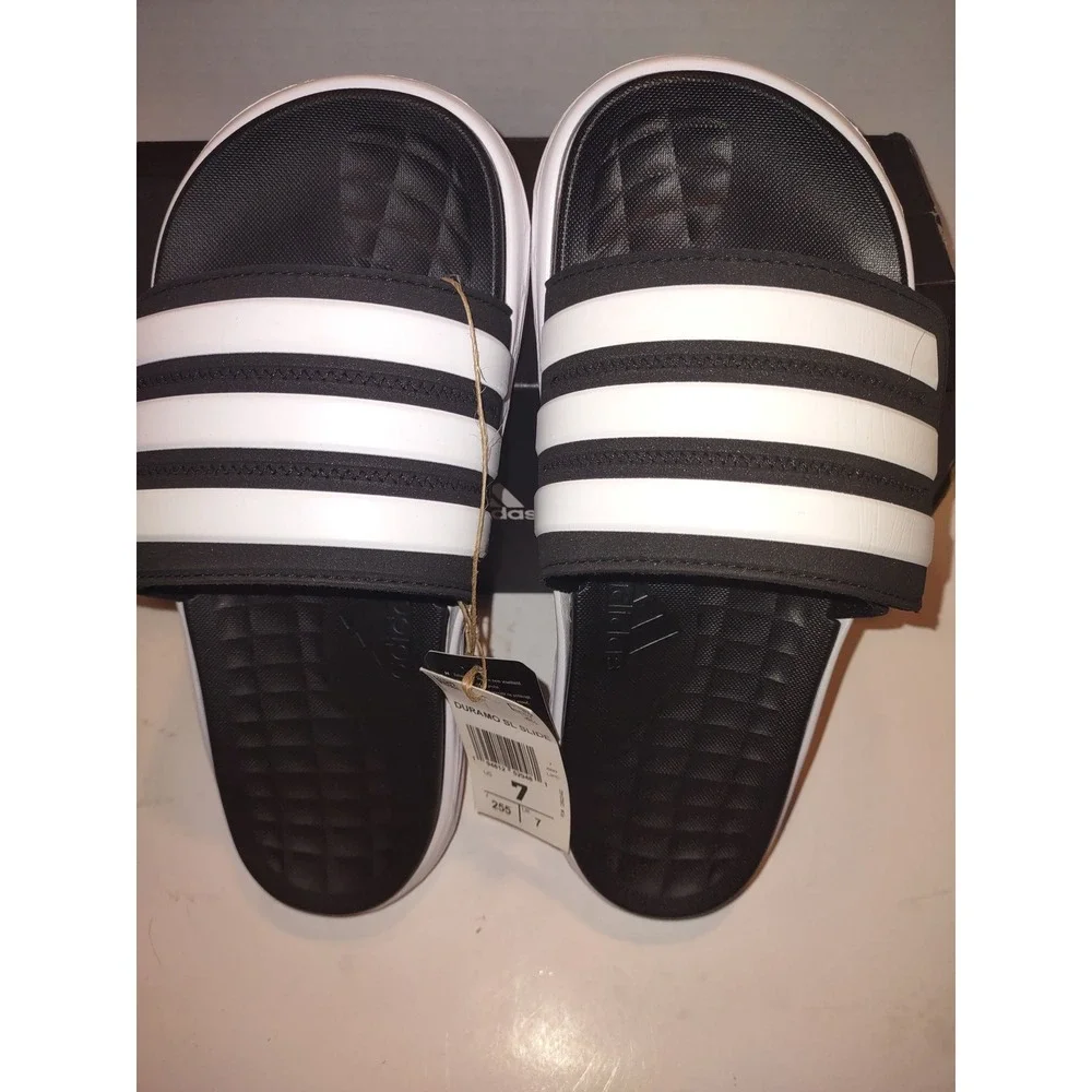 Adidas Duramo SL Slide Sandals Black White Mens Size 7 NEW NIB Athletic FY8786